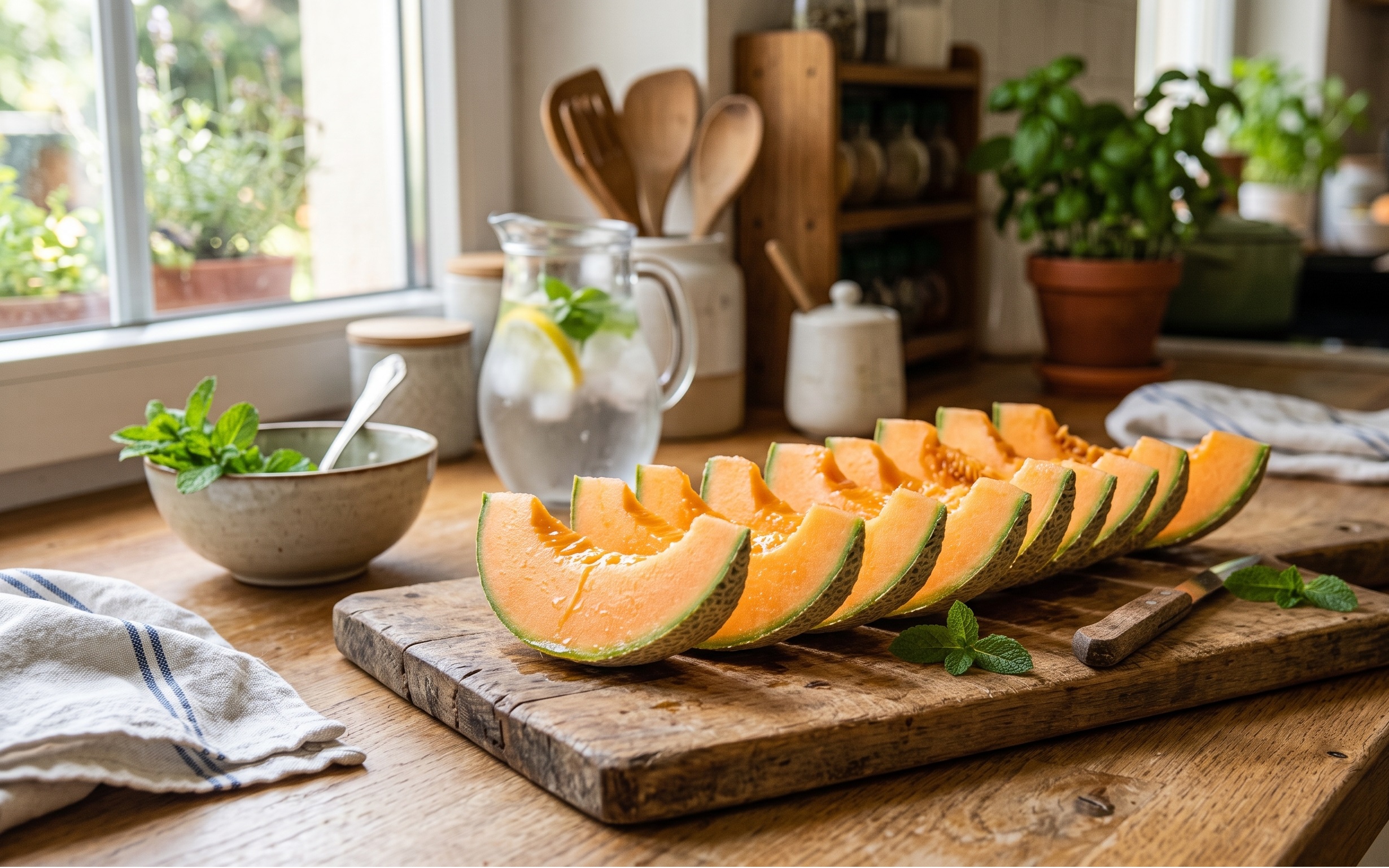 Fette fresche di melone arancione disposte su un tagliere di legno in cucina, pronte per essere servite.