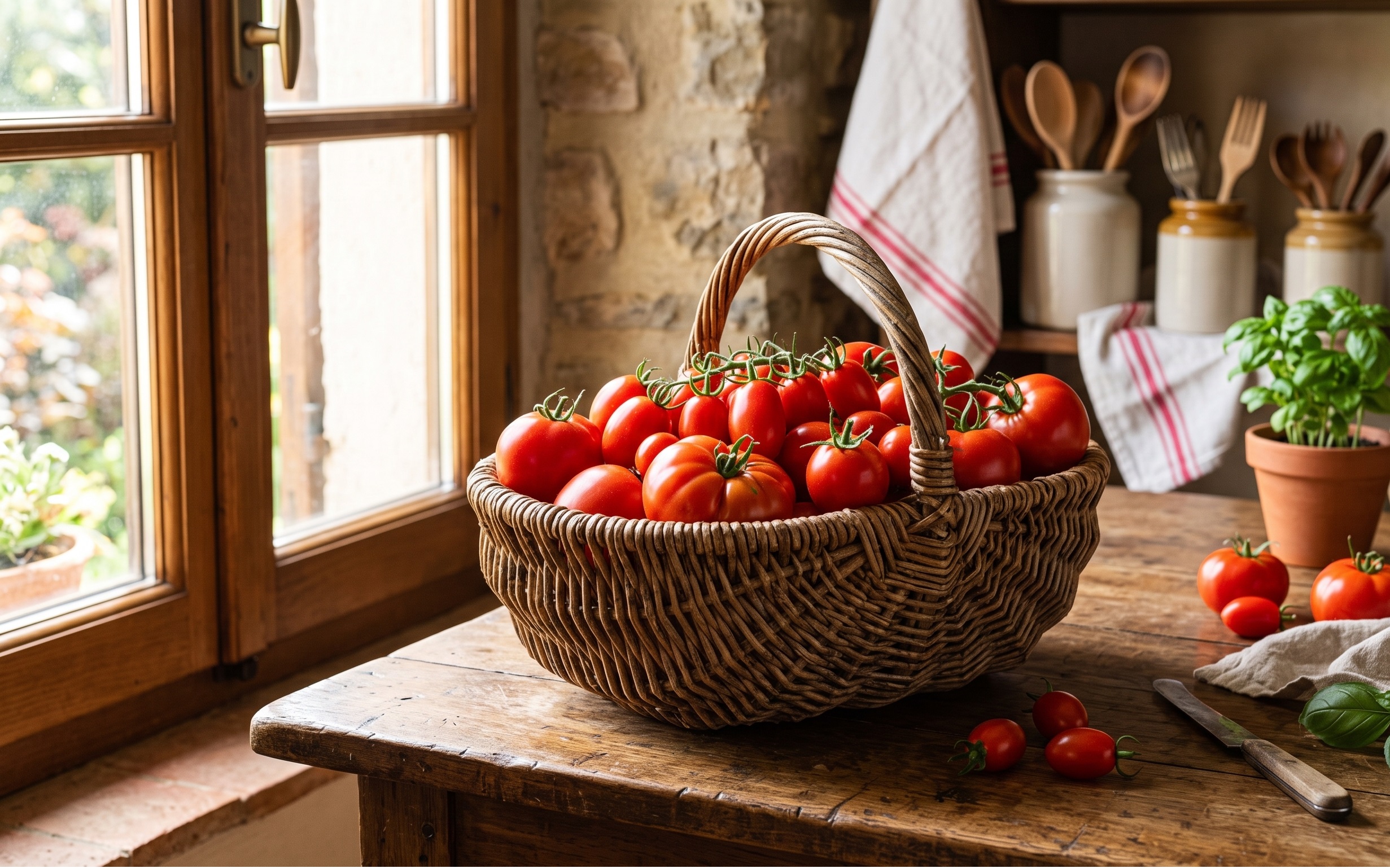 Un cestino di vimini rustico pieno di pomodori rossi maturi appoggiato su un tavolo di legno in cucina, illuminato dalla luce naturale del sole.
