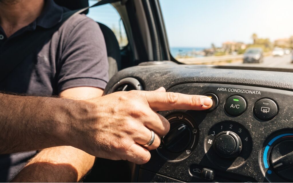 Primo piano ravvicinato delle dita di un automobilista che preme il pulsante del ricircolo dell'aria condizionata sul cruscotto dell'auto