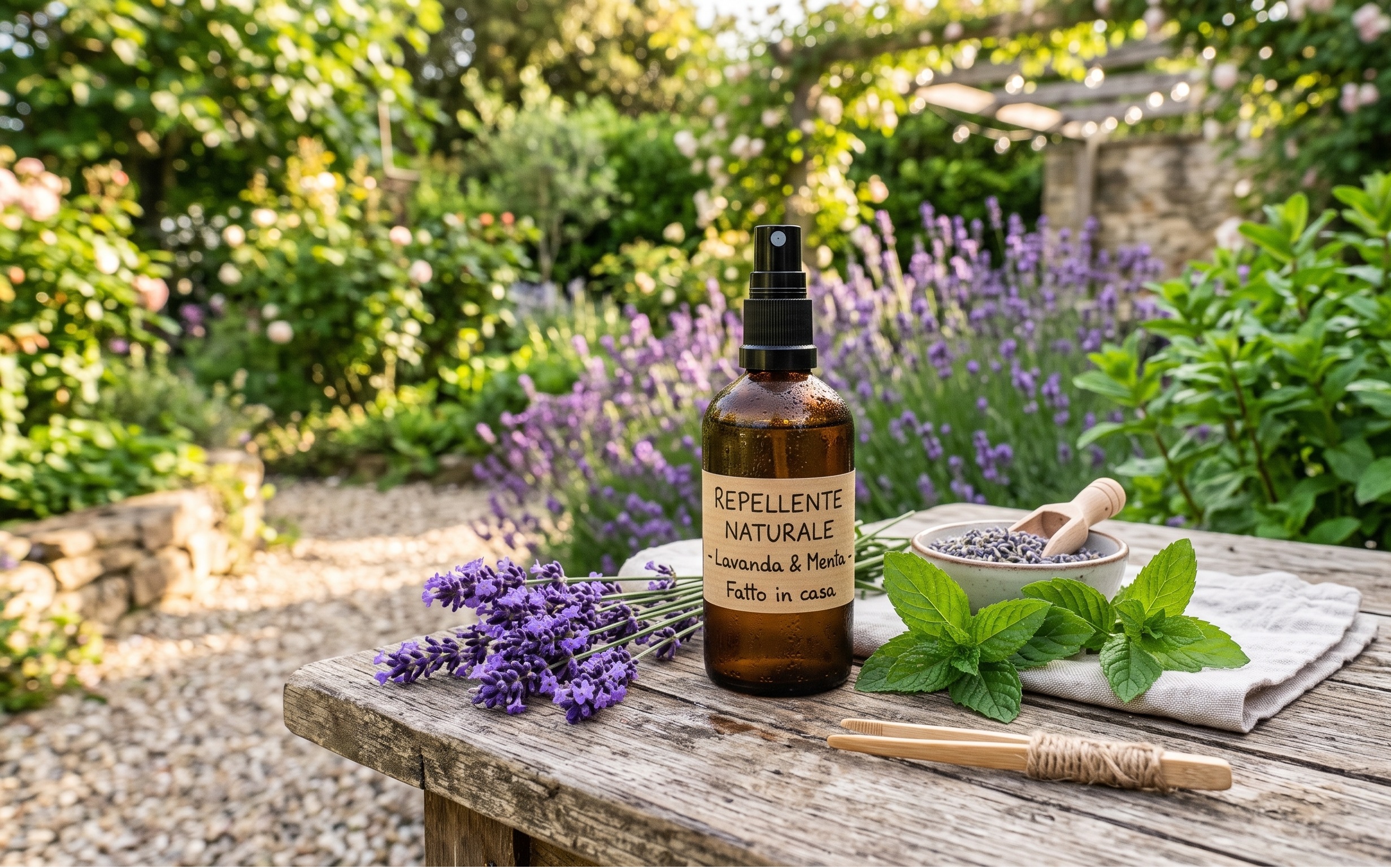 Un piccolo flacone spray in vetro ambrato con ingredienti naturali come rametti di lavanda viola e foglie fresche di menta adagiati su un rustico tavolo di legno in giardino.