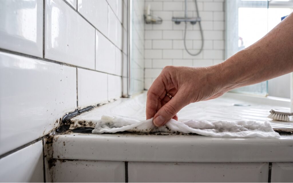 Mano che posiziona una striscia di cotone imbevuto sul silicone nero del piatto doccia per sbiancare la muffa