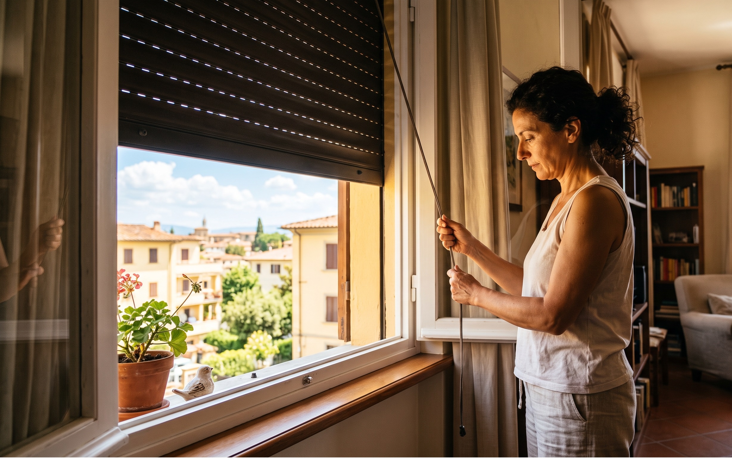 Persona che abbassa una tapparella scura da una finestra di casa per schermare la luce solare estiva.