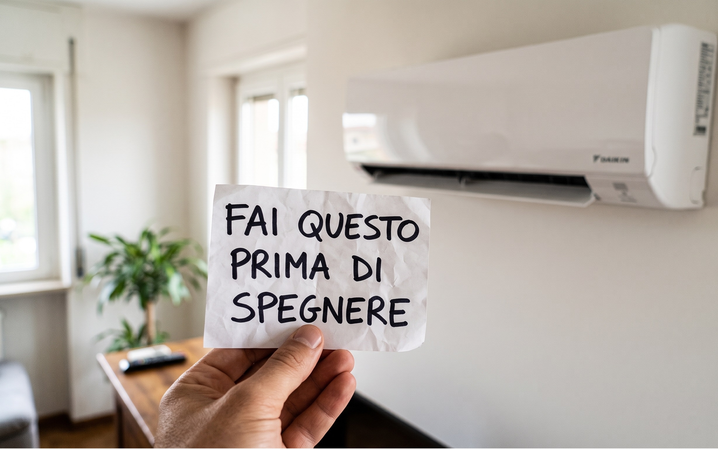 Un condizionatore domestico split bianco appeso al muro, con una mano in primo piano che posiziona un biglietto di carta scritto a mano con un pennarello scuro che recita "Fai questo prima di spegnere"