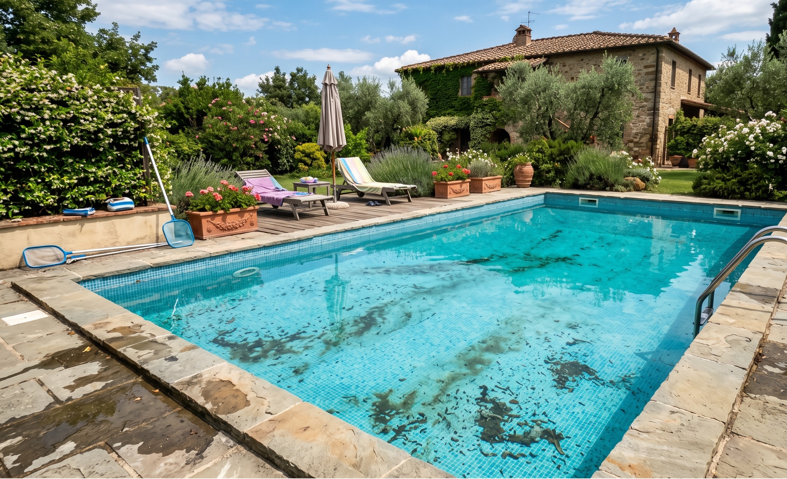Una piscina in giardino con acqua con dello sporco sul fondo