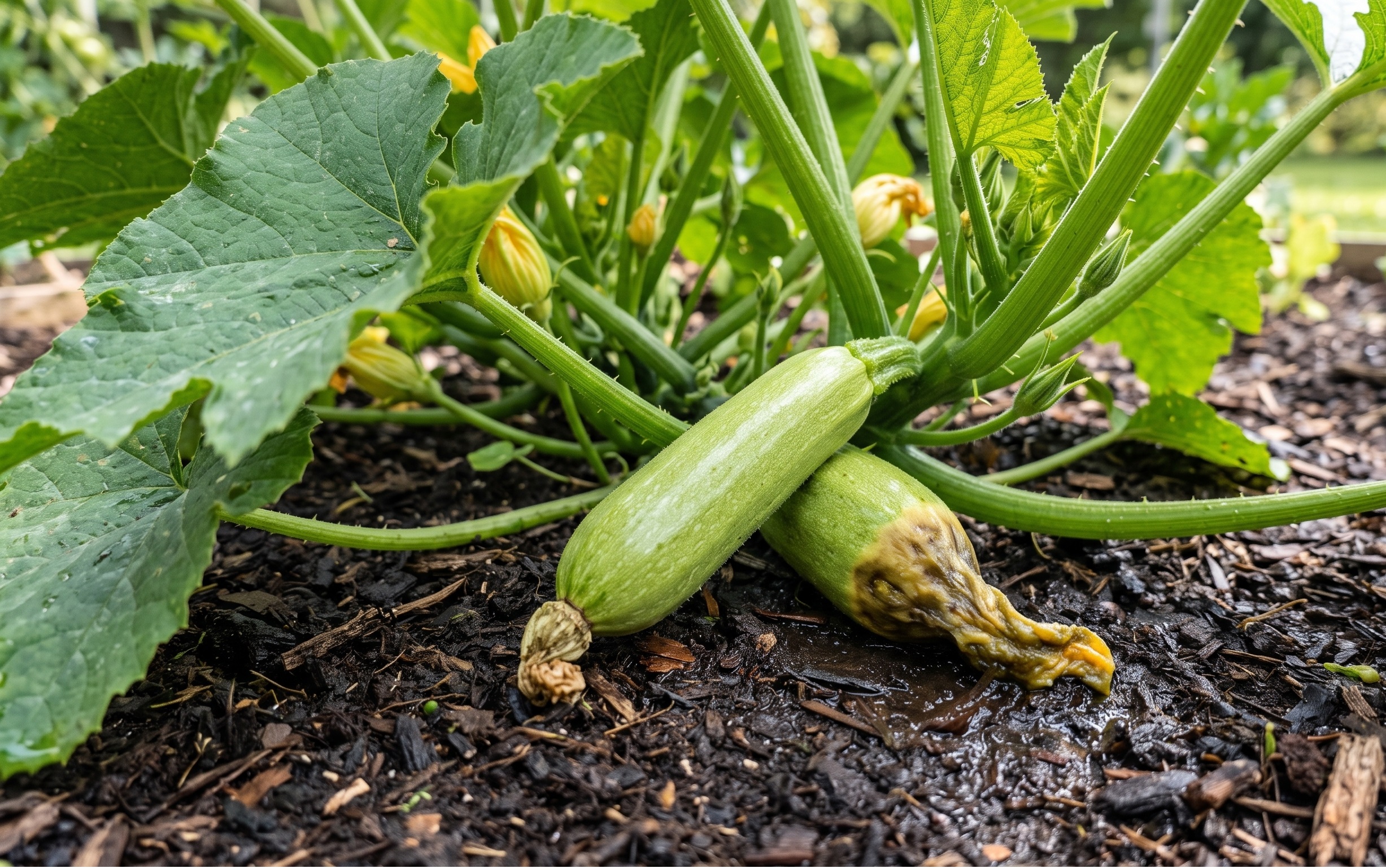 una piccola zucchina attaccata alla pianta nell'orto, con la punta visibilmente ingiallita e molle che tocca il terreno umido