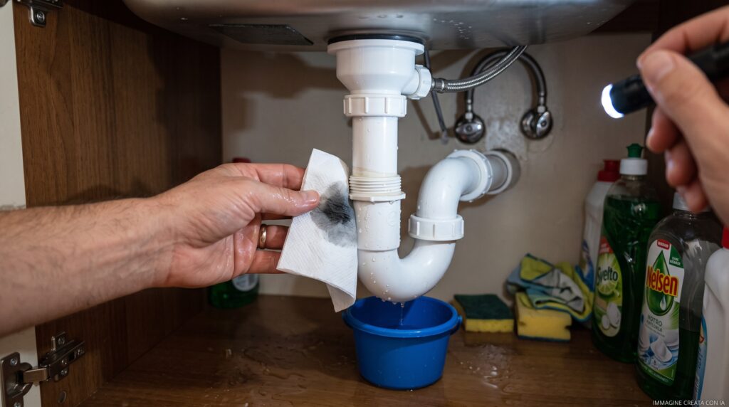 Mano che passa un foglio di carta assorbente lungo le giunzioni del sifone sotto il lavandino per individuare la perdita d'acqua