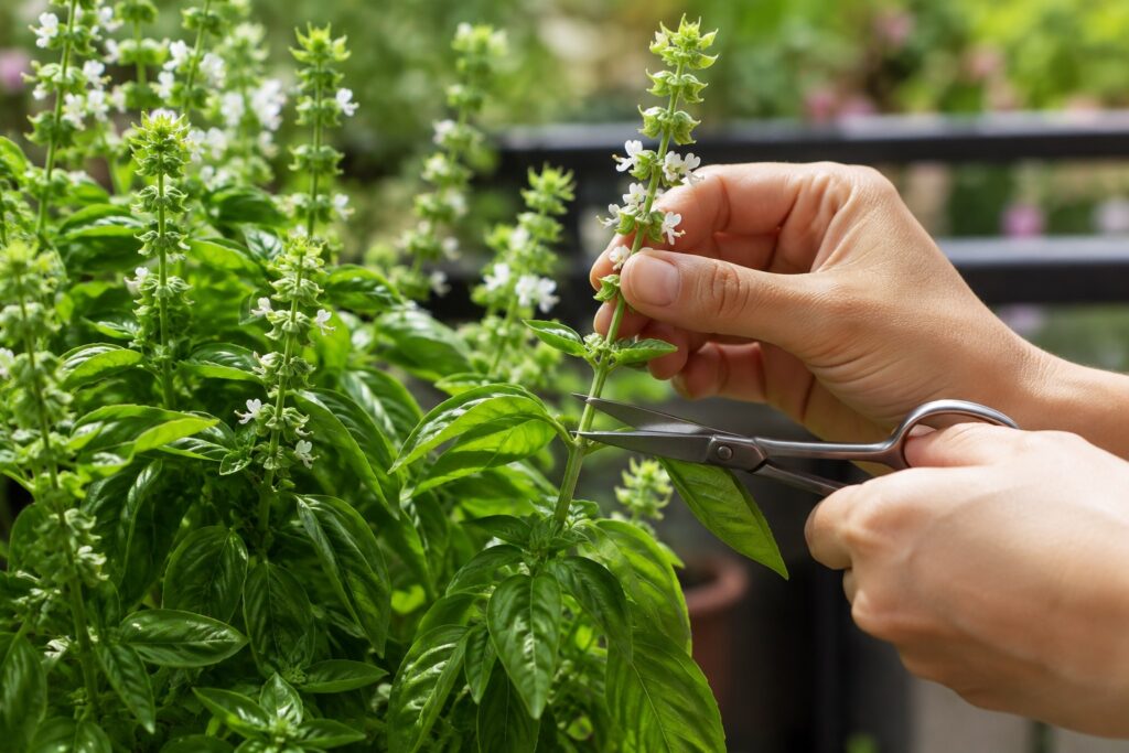 Mano che taglia una cima fiorita di basilico sopra un nodo con nuove foglie verdi