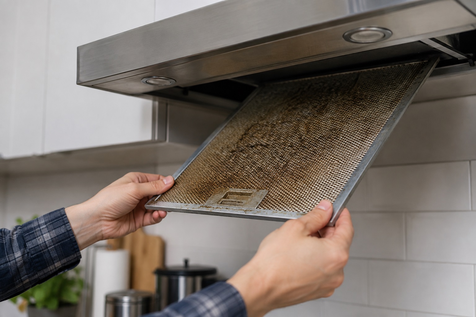 Persona che rimuove dalla cappa della cucina un filtro metallico visibilmente coperto di grasso per lavarlo