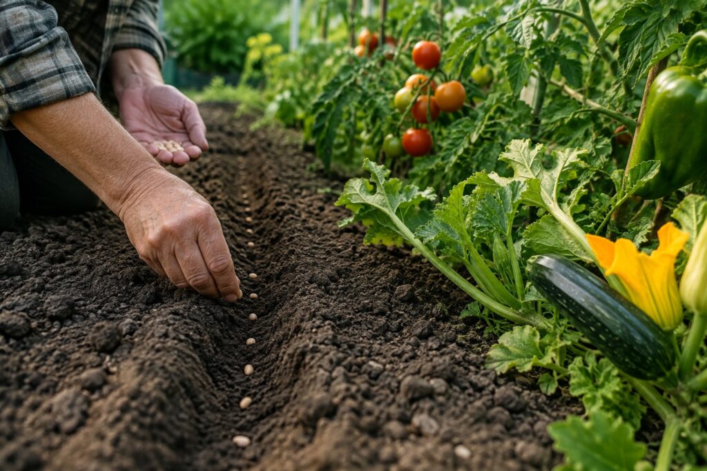 Mani che seminano una fila di ortaggi nel terreno dell’orto accanto alle ultime piante estive ancora produttive.