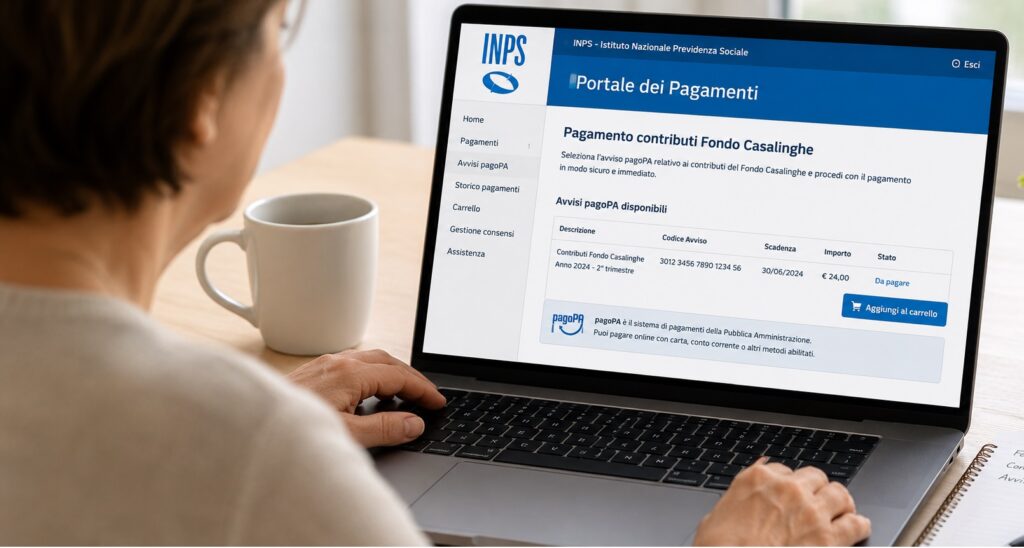 Persona che controlla sul computer il Portale dei Pagamenti INPS per versare i contributi al Fondo Casalinghe tramite avviso pagoPA