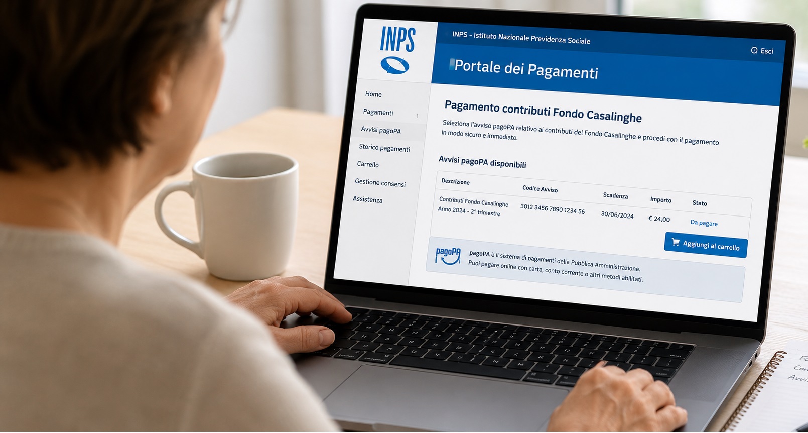 Persona che controlla sul computer il Portale dei Pagamenti INPS per versare i contributi al Fondo Casalinghe tramite avviso pagoPA