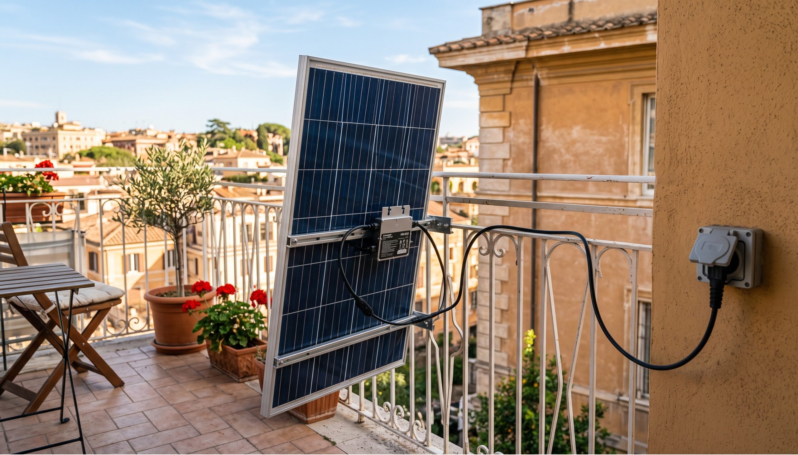 Un piccolo pannello fotovoltaico da balcone installato sulla ringhiera e collegato a una presa di corrente esterna