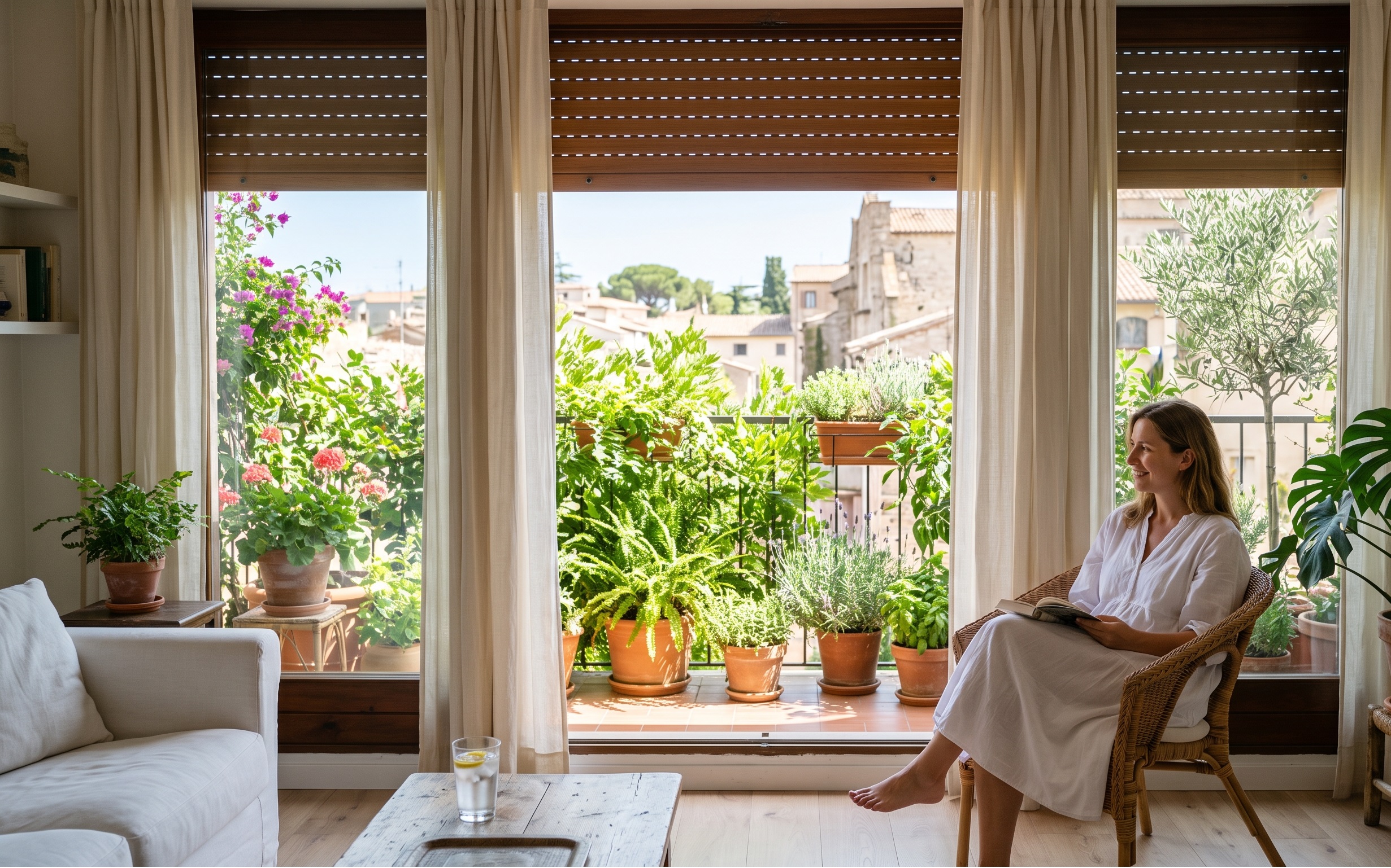 Una casa luminosa e fresca in estate con tapparelle parzialmente abbassate, tende leggere e piante verdi sul balcone che schermano i raggi del sole