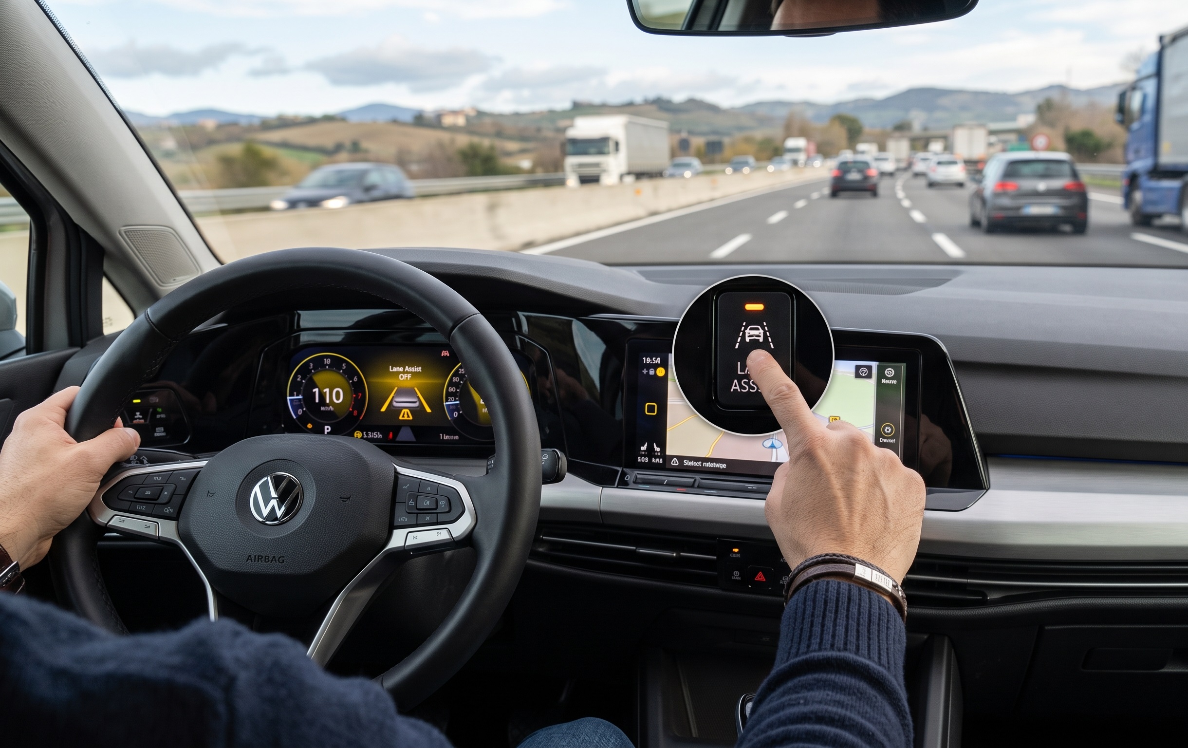 Mano del guidatore che premere il pulsante per disattivare il sistema di mantenimento della corsia Lane Assist sul cruscotto dell'auto.