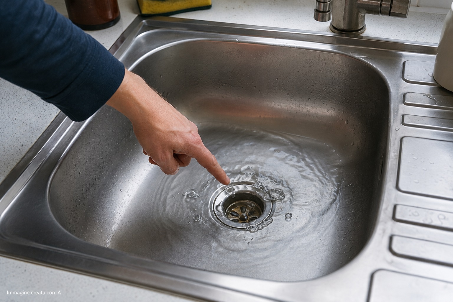 Lavandino di cucina mentre l’acqua scende lentamente nello scarico e una mano indica la piletta da cui proviene un rumore di gorgoglio