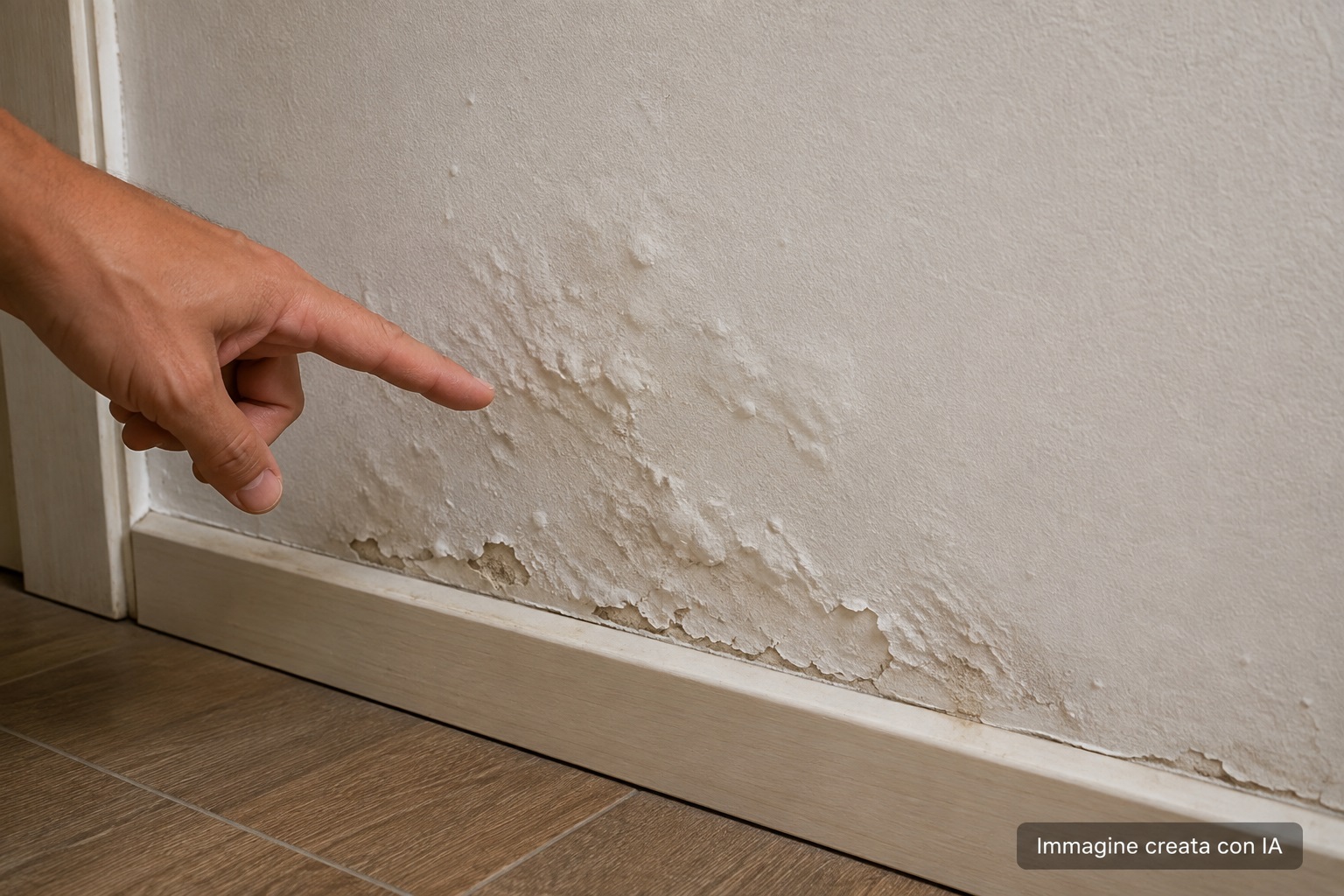 Parete domestica con pittura gonfia e intonaco rovinato vicino al battiscopa mentre una mano indica la zona interessata dall’umidità.