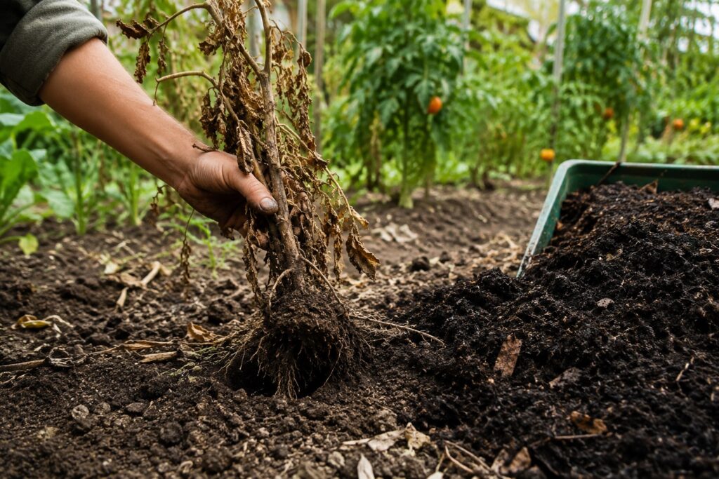 Mano che rimuove una vecchia pianta di pomodoro dall’orto mentre il terreno appena liberato viene preparato con compost maturo