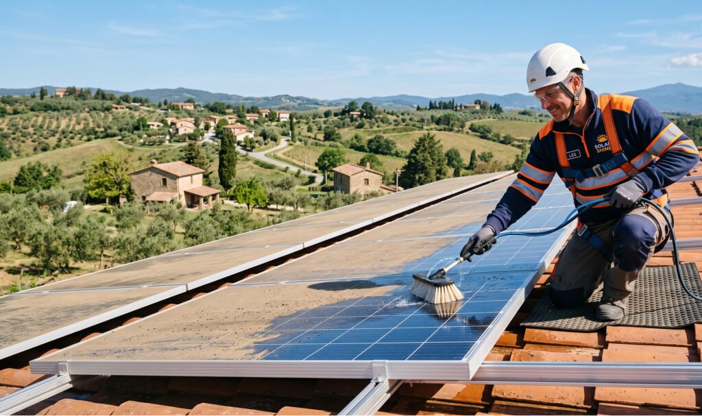 Un operatore pulisce un pannello fotovoltaico coperto da una patina di polvere e sabbia con una spazzola morbida ad acqua demineralizzata.