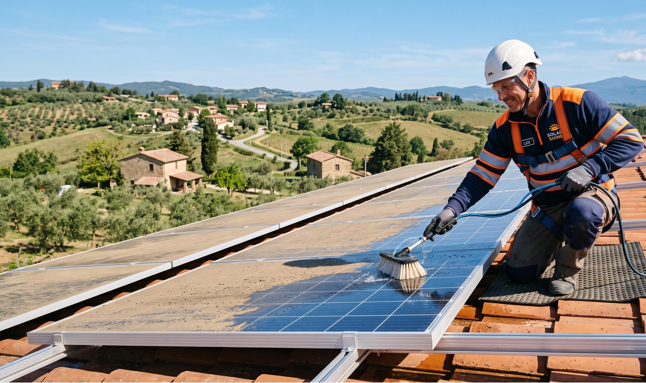 Un operatore pulisce un pannello fotovoltaico coperto da una patina di polvere e sabbia con una spazzola morbida ad acqua demineralizzata.