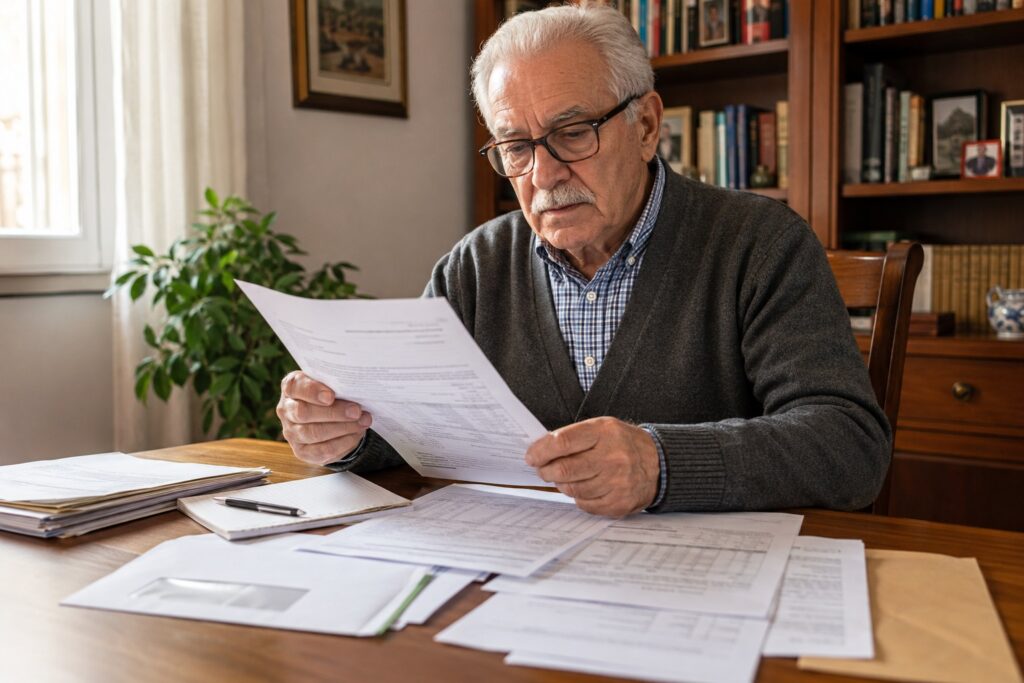 Pensionato che legge una comunicazione INPS relativa alla verifica reddituale