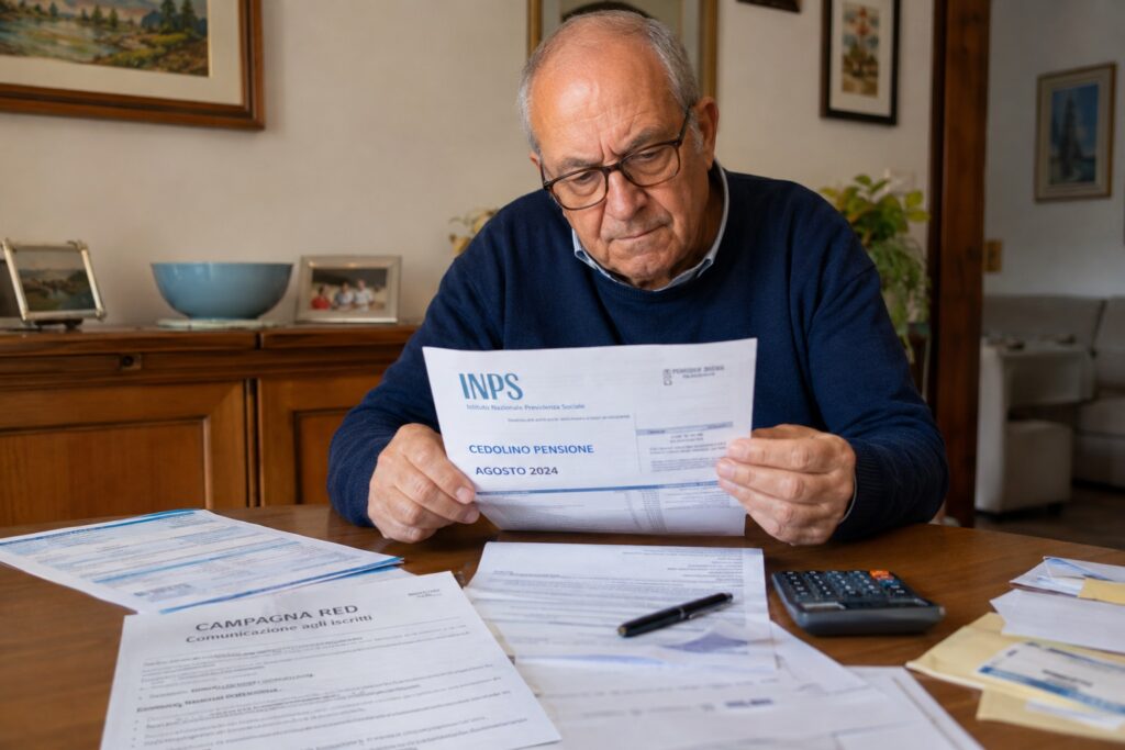 Pensionato che controlla sul tavolo il cedolino INPS di agosto e una comunicazione relativa alla Campagna RED con documenti reddituali accanto
