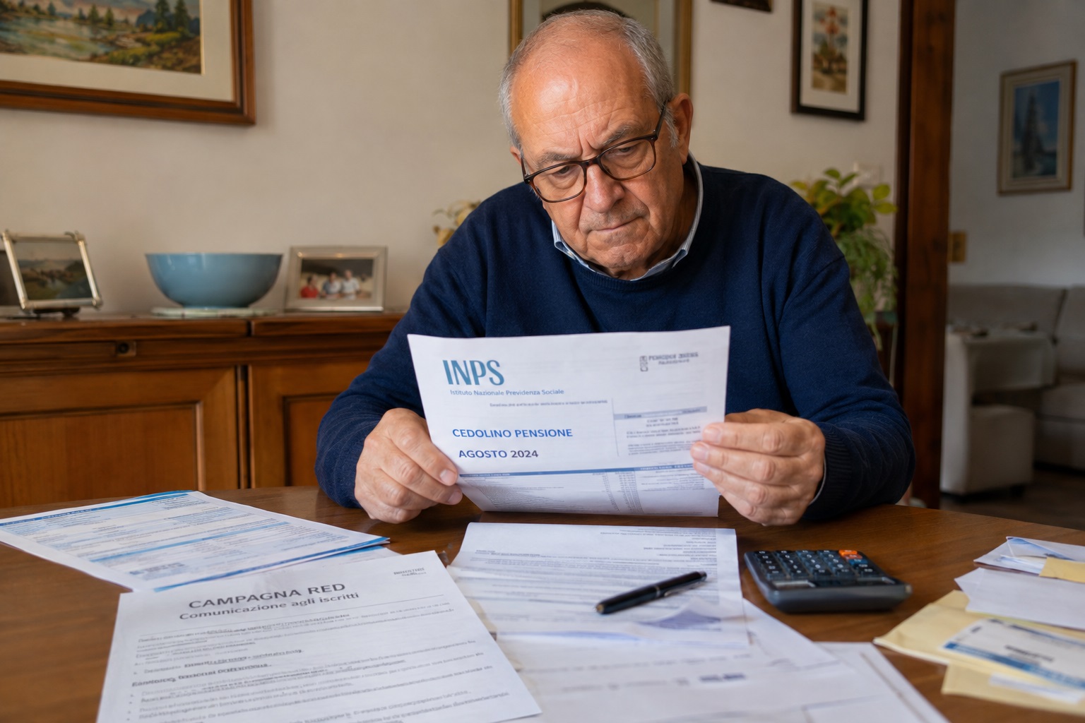 Pensionato che controlla sul tavolo il cedolino INPS di agosto e una comunicazione relativa alla Campagna RED con documenti reddituali accanto