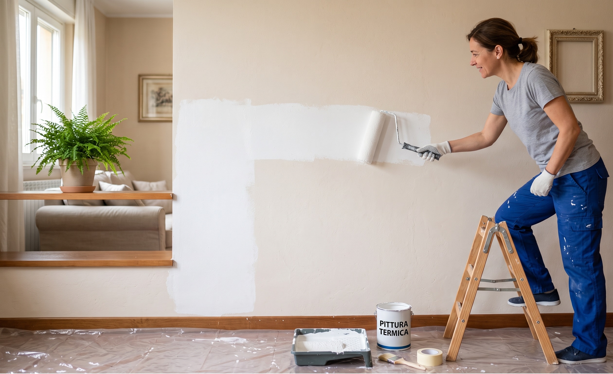 Applicazione con rullo di pittura termica bianca su una parete interna per isolare la casa