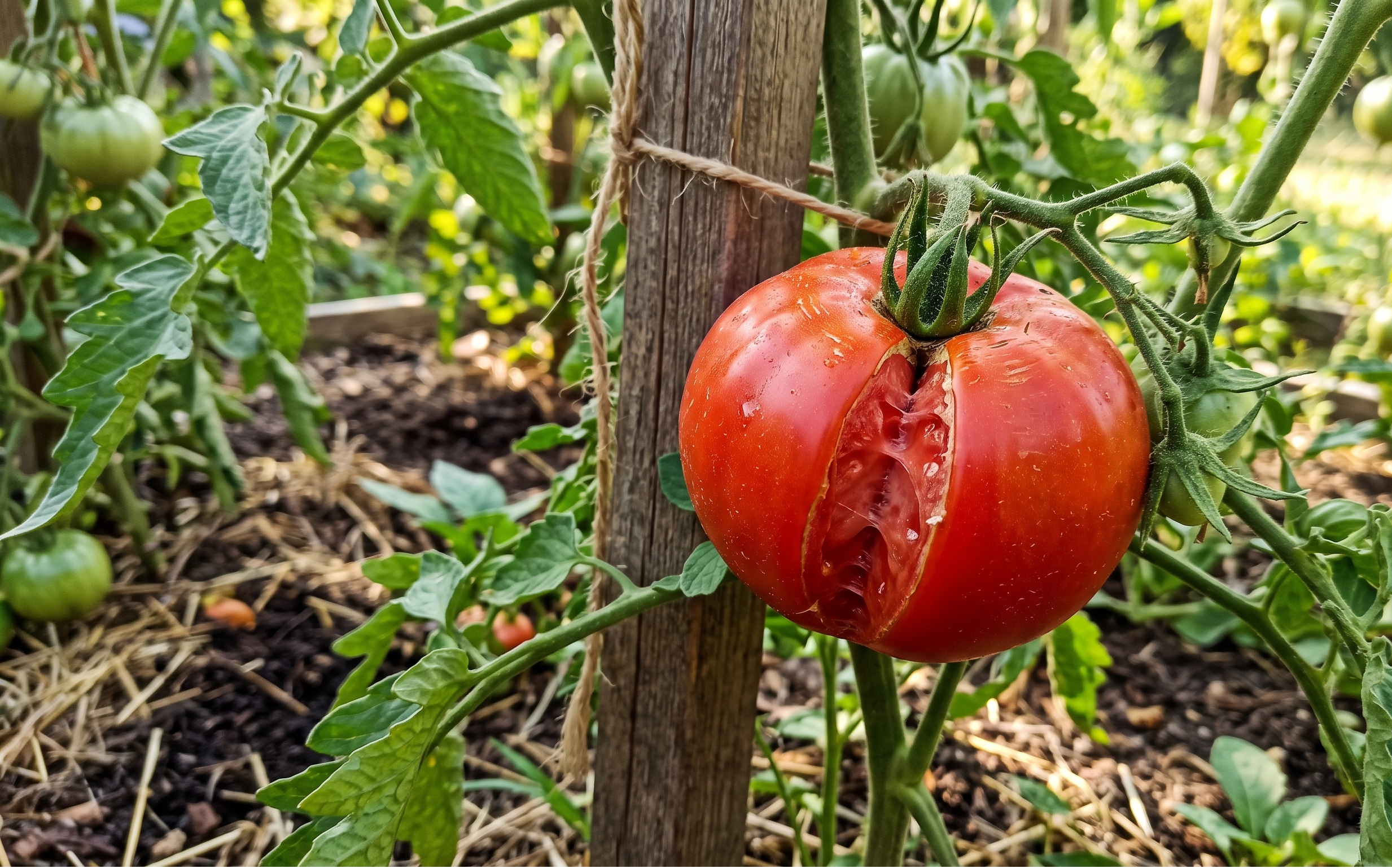 una pianta di pomodoro nell'orto con un frutto rosso e maturo che presenta una profonda spaccatura sulla buccia.