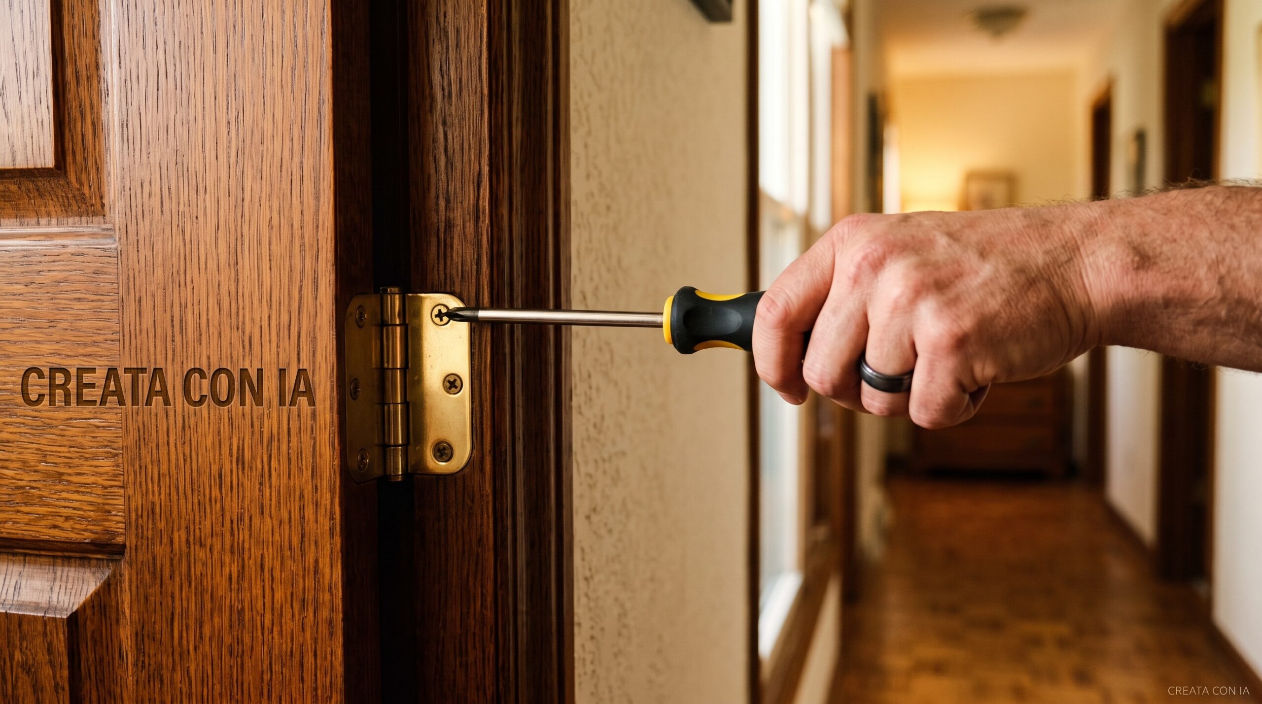 Mano che stringe le viti della cerniera di una porta interna in legno con un cacciavite per regolare la chiusura.
