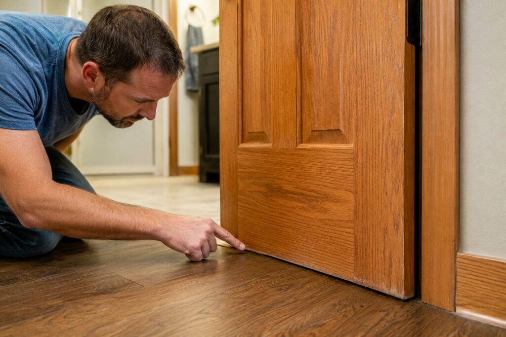 Persona che controlla il punto in cui una porta in legno sfrega sul pavimento
