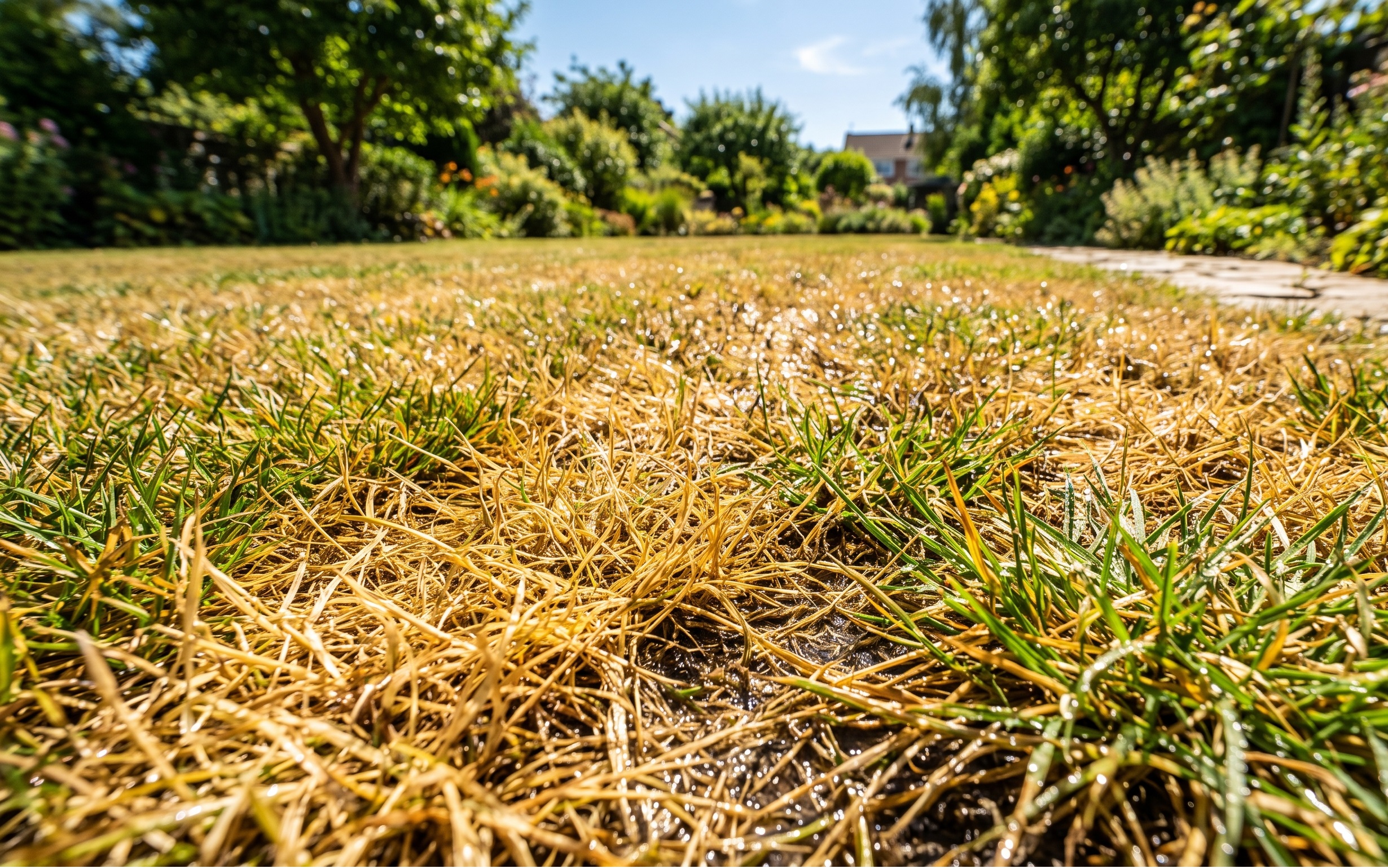 un prato estivo con estese chiazze ingiallite e bagnate dall'acqua d'irrigazione sotto il sole