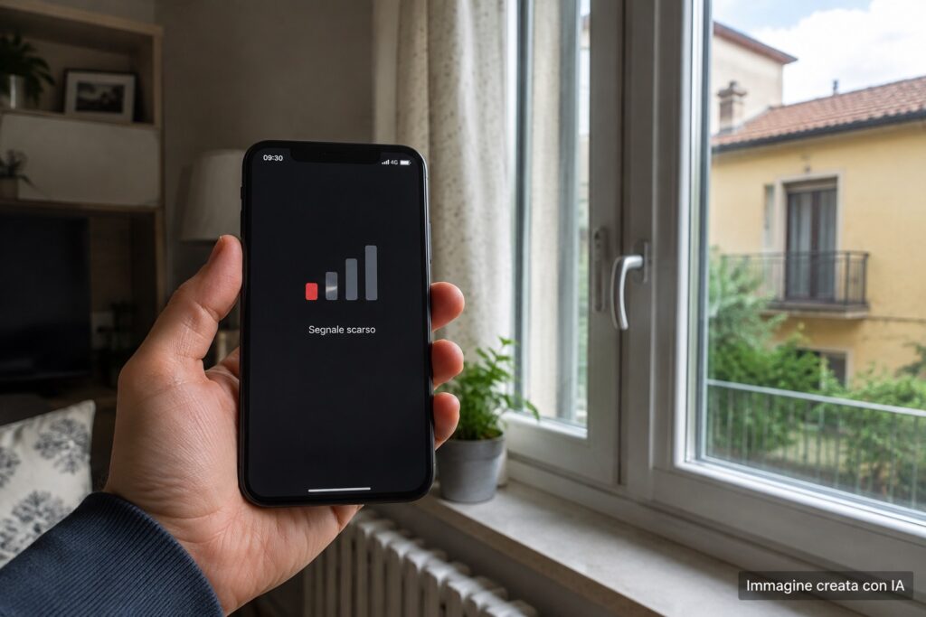 Smartphone con segnale mobile debole tenuto in mano all'interno di casa mentre viene controllata la ricezione vicino a una finestra.