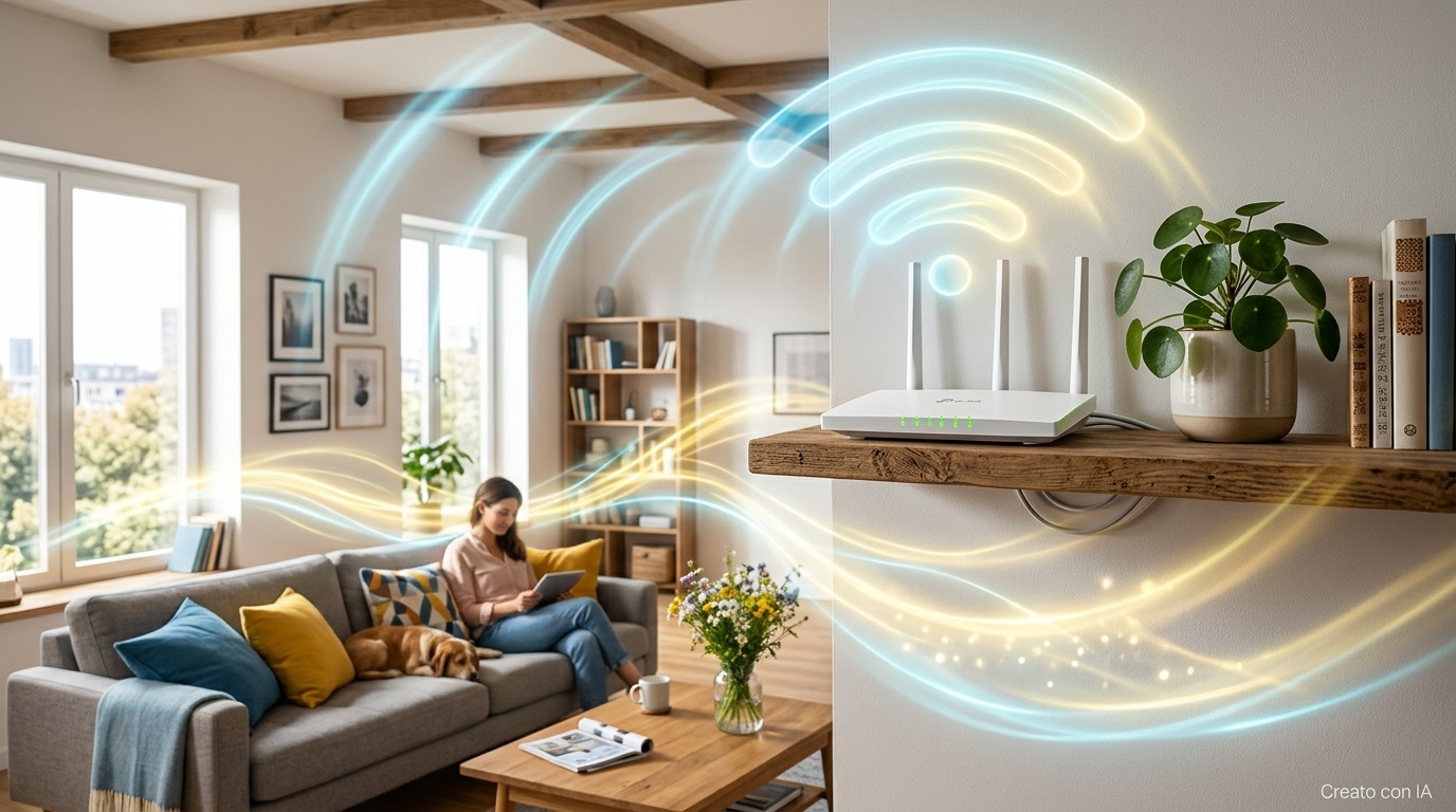 Router Wi-Fi posizionato su una mensola alta in legno in un soggiorno ben illuminato, con onde luminose stilizzate che si propagano nella stanza