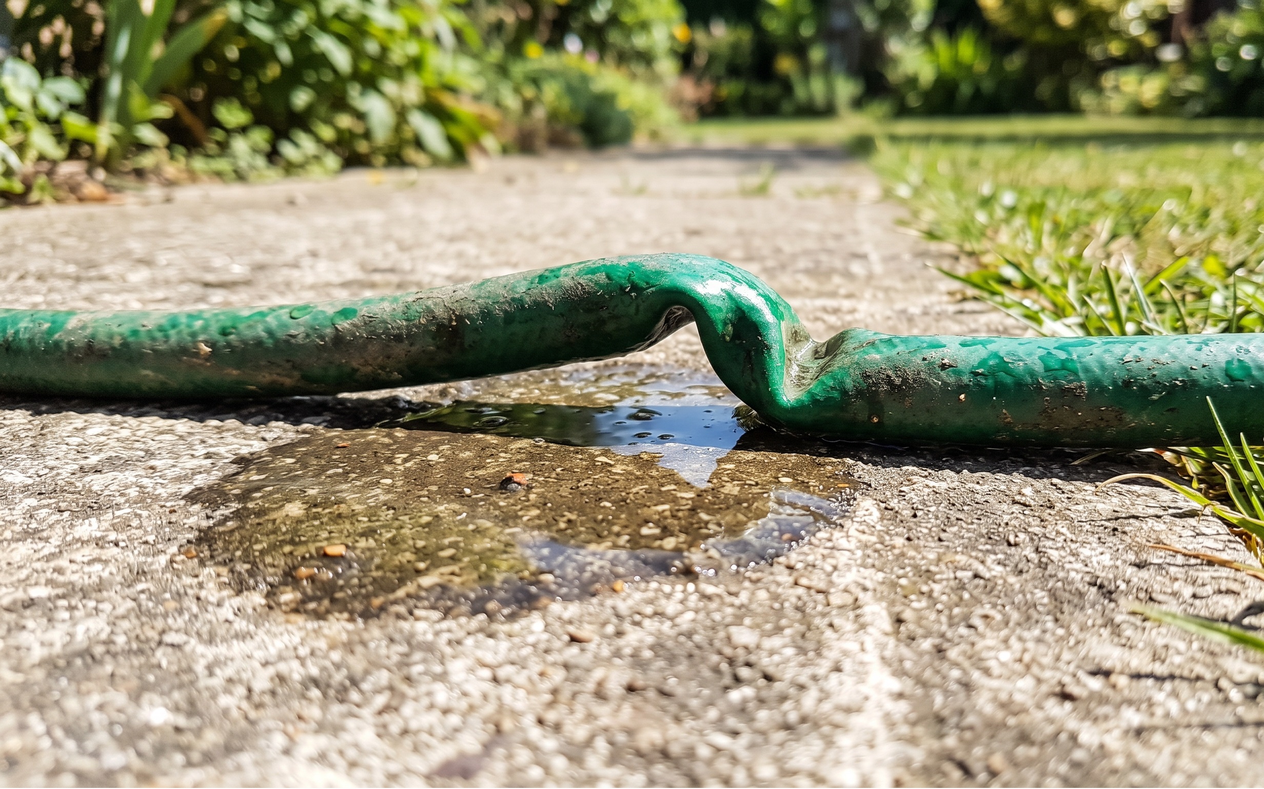 Un un tubo da giardino in gomma verde, steso su un vialetto di cemento assolato. Si vede chiaramente un punto in cui la gomma è piegata ad angolo acuto, bloccando il flusso d'acqua, con una piccola pozza d'acqua ferma vicino alla strozzatura