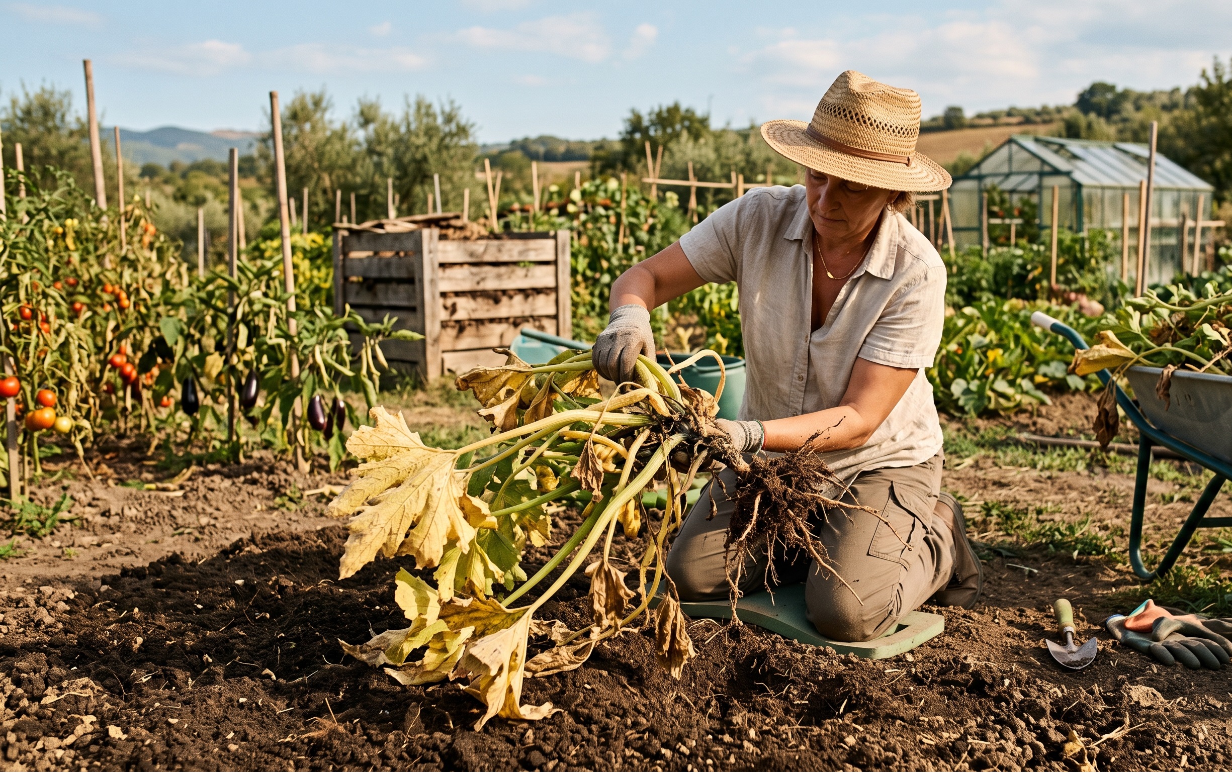 Una persona rimuove una pianta di zucchine esausta nell'orto ad agosto