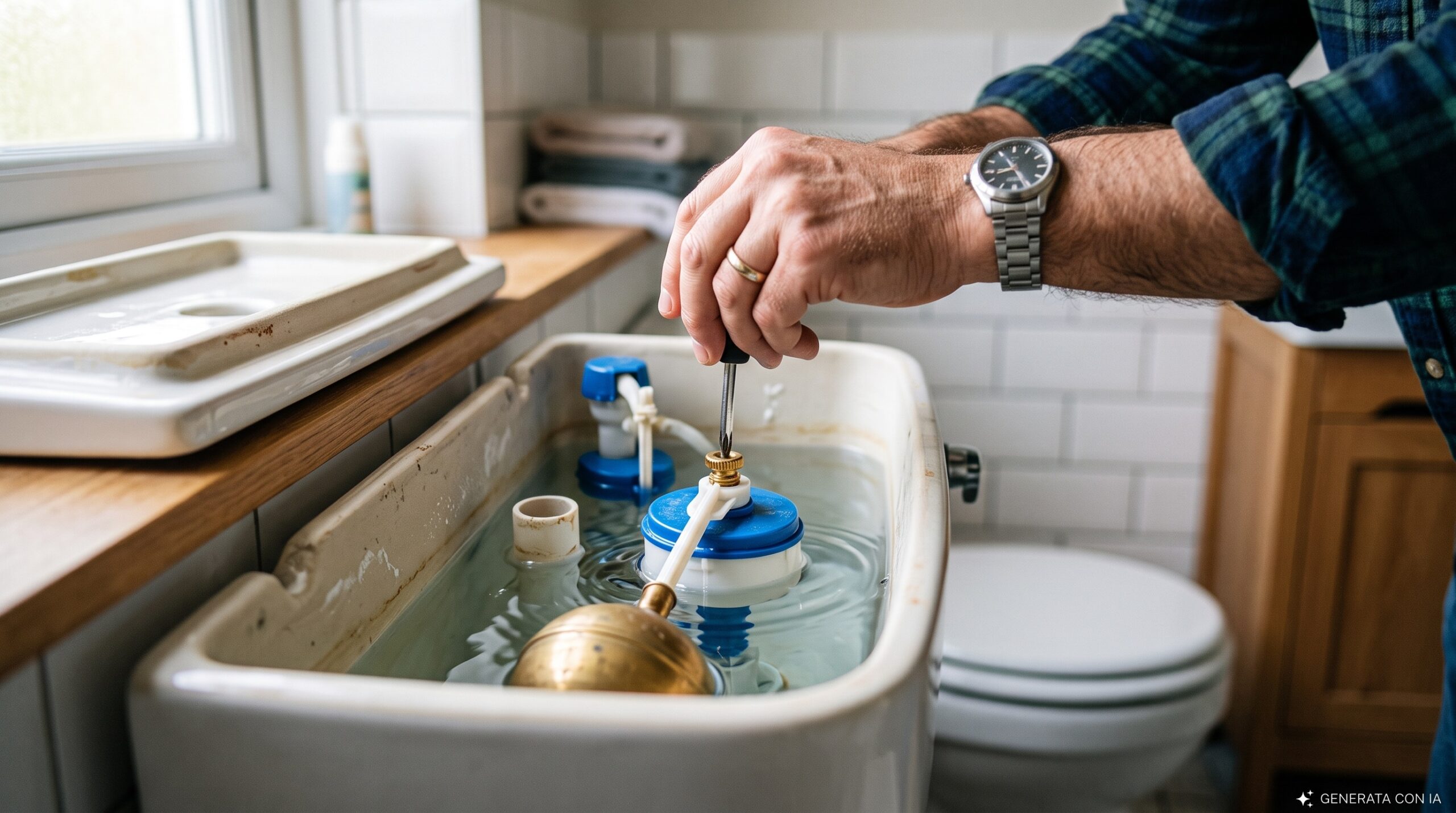 Mano che regola la vite del galleggiante all'interno della cassetta dello scarico del WC aperta per bloccare la perdita d'acqua.