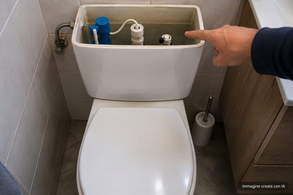 WC che scarica con poca forza mentre una mano indica la cassetta aperta e il livello dell’acqua al suo interno