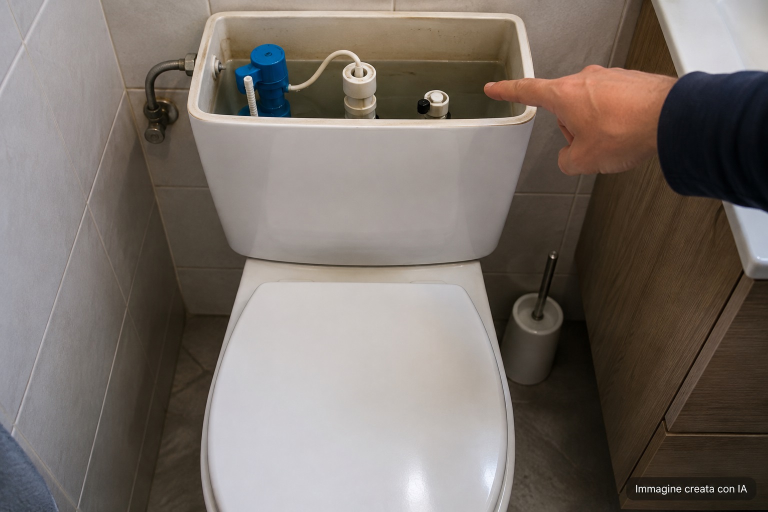 WC che scarica con poca forza mentre una mano indica la cassetta aperta e il livello dell’acqua al suo interno