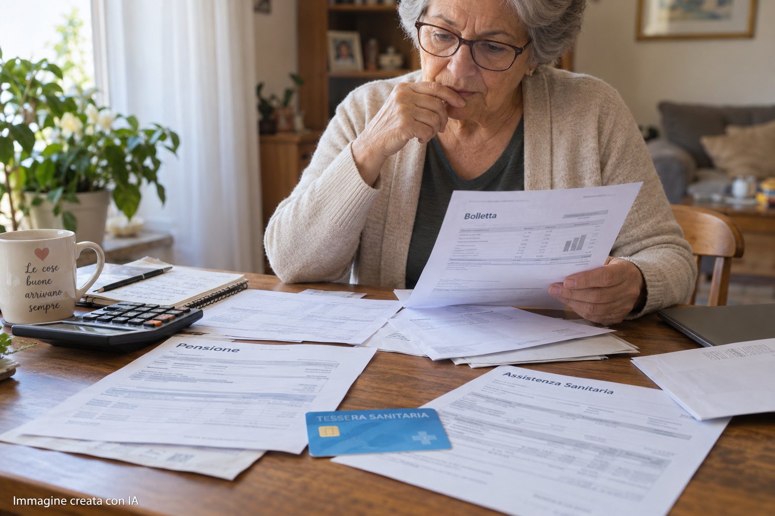 Persona over 60 che controlla documenti, bollette e tessera sanitaria per verificare agevolazioni e bonus disponibili