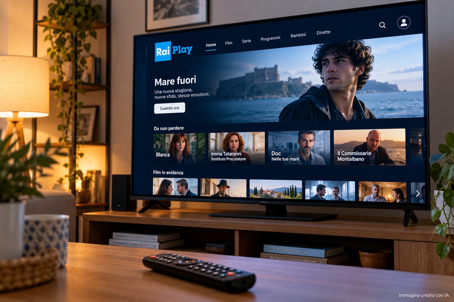 Monitor collegato a Internet con RaiPlay aperto e telecomando appoggiato sul tavolo