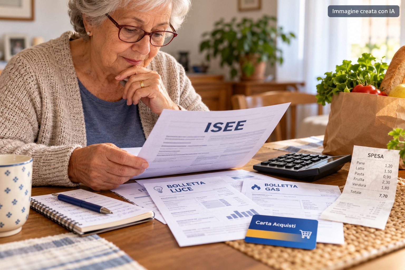 Persona over 65 controlla documenti, ISEE e spese di casa per verificare il diritto alla Carta Acquisti 2026