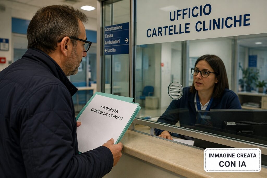 Persona allo sportello di un ospedale che chiede la propria cartella clinica