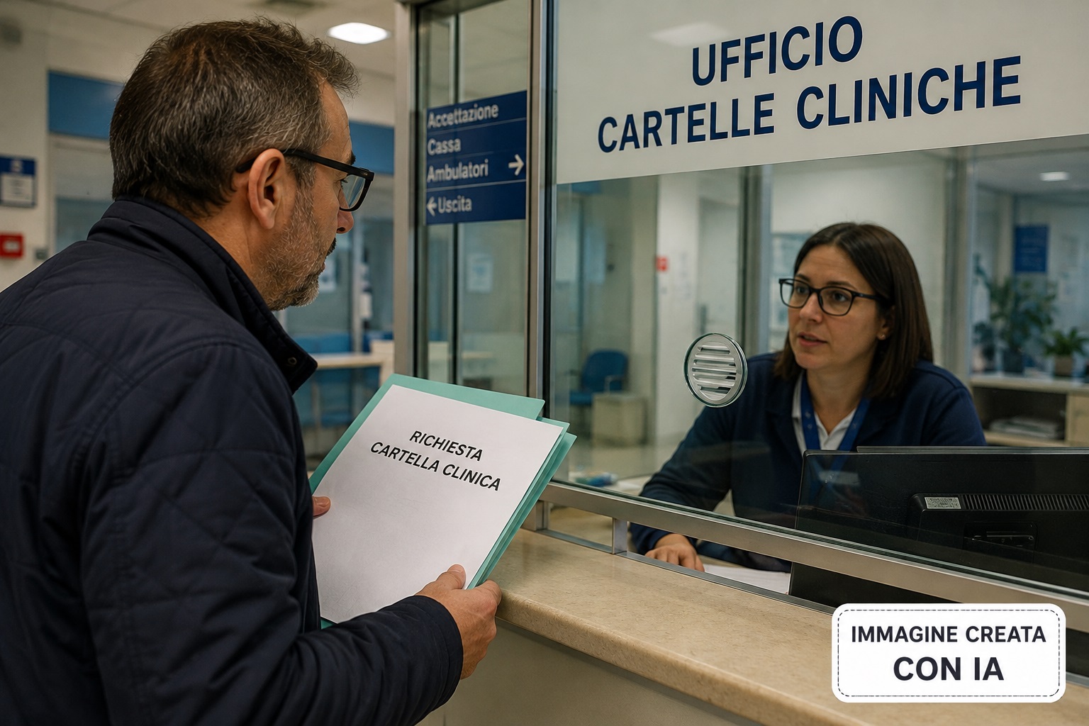 Persona allo sportello di un ospedale che chiede la propria cartella clinica