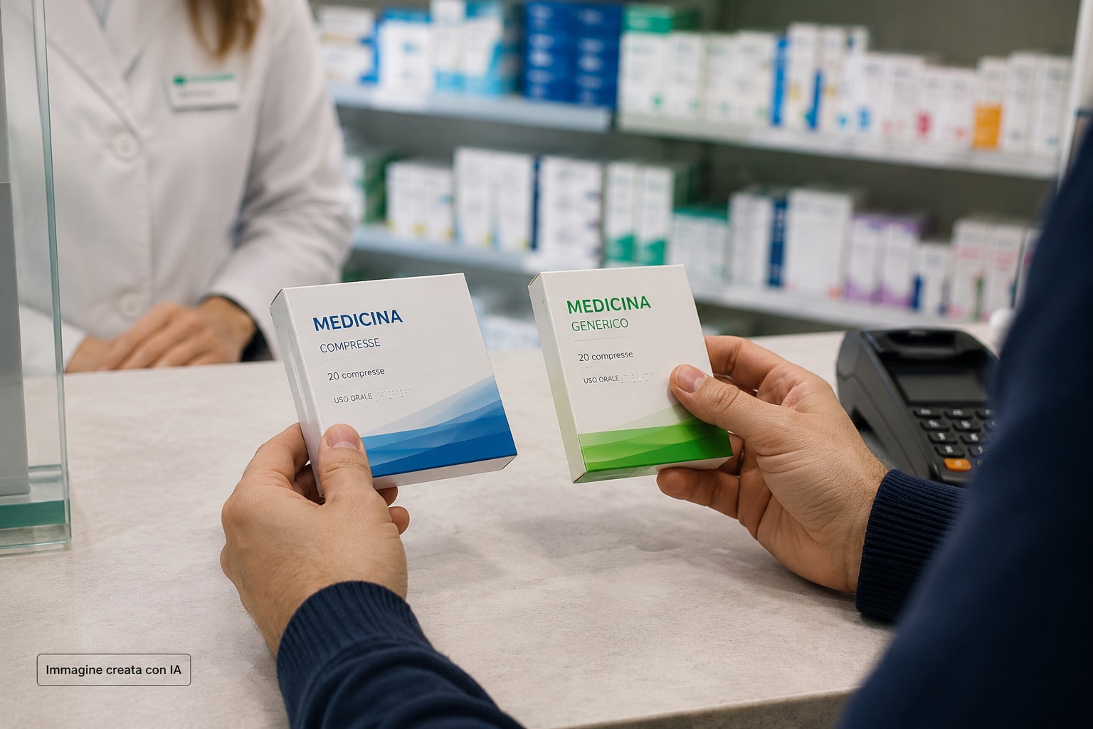 Persona al banco di una farmacia mentre confronta un farmaco di marca con un medicinale equivalente