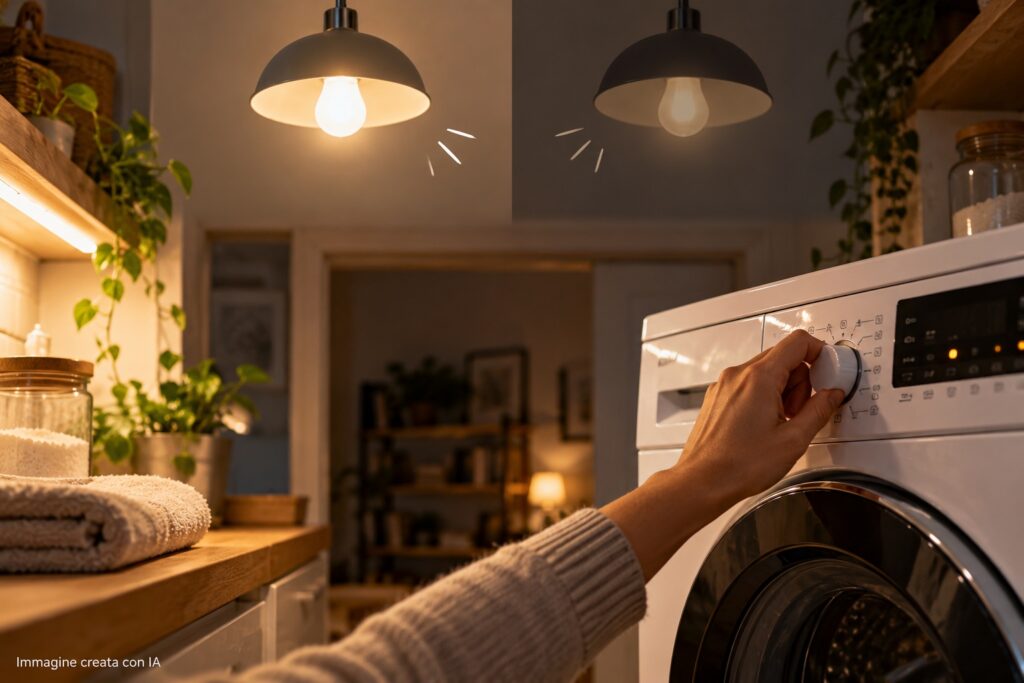 Lampadina accesa che perde per un attimo luminosità mentre una mano accende un elettrodomestico in casa