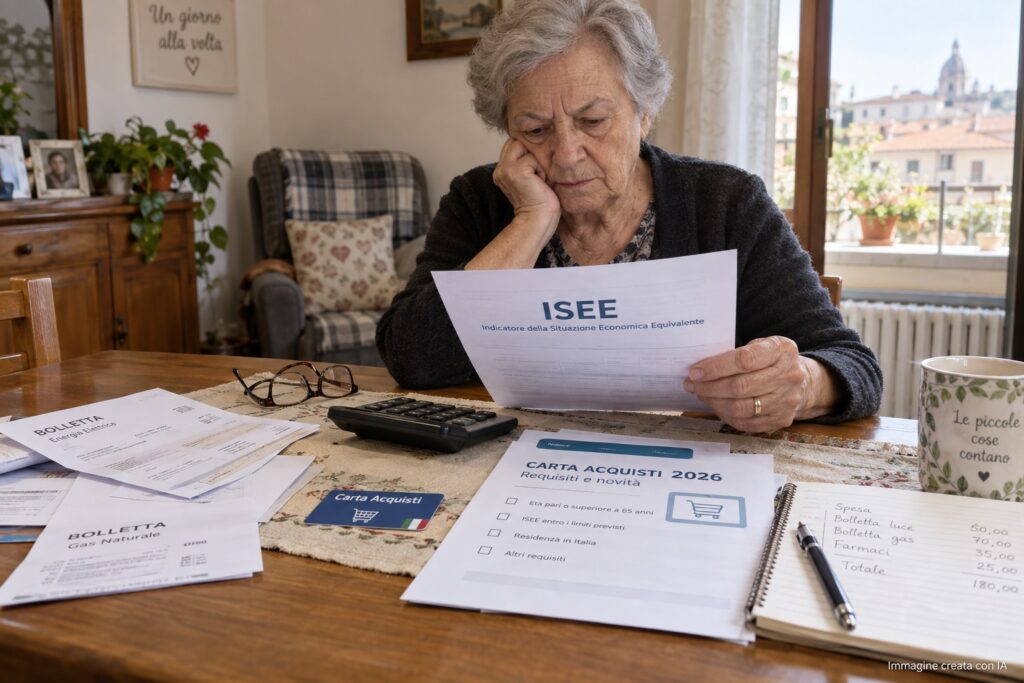 Persona over 65 con reddito basso controlla documenti, ISEE e requisiti della Carta Acquisti
