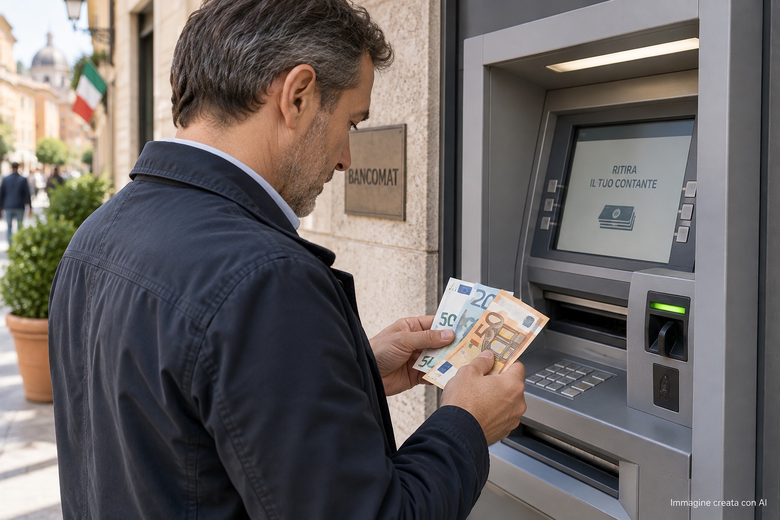 Uomo che preleva contanti da uno sportello bancomat mentre tiene in mano diverse banconote