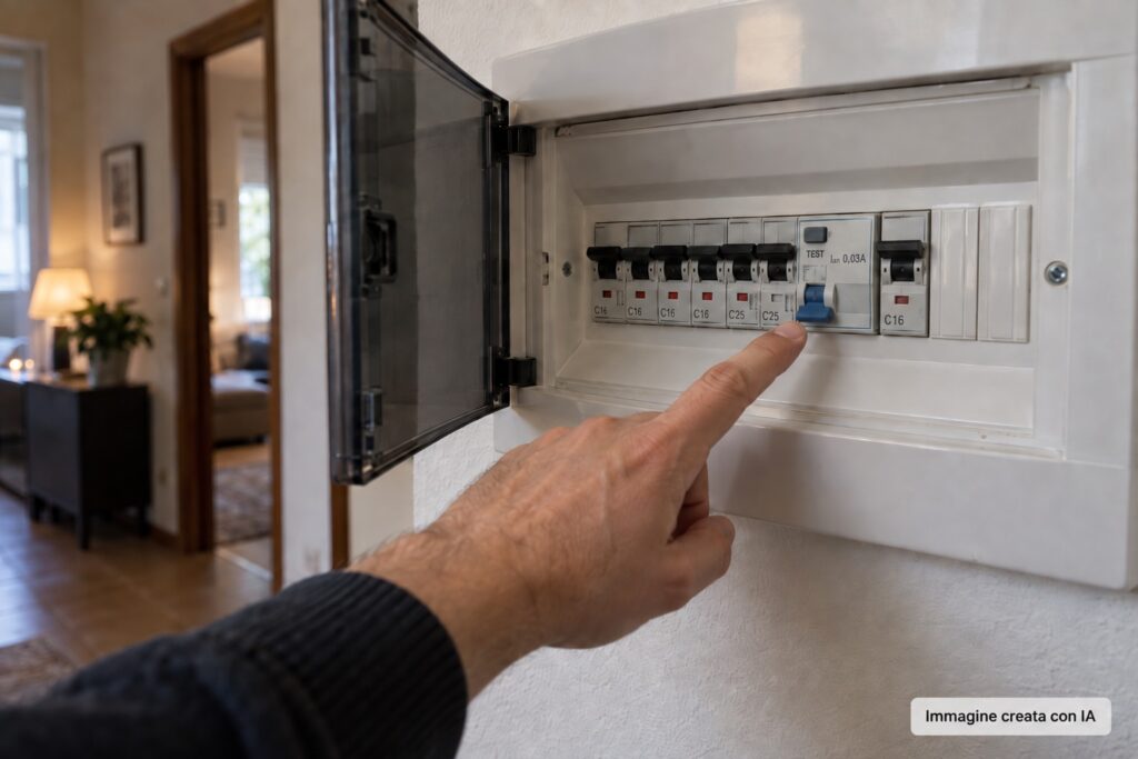 Quadro elettrico domestico con interruttore salvavita scattato mentre una mano indica il dispositivo