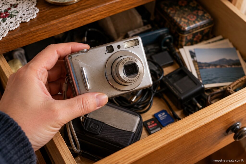 Vecchia fotocamera digitale compatta degli anni 2000 tenuta in mano e ritrovata in un cassetto di casa