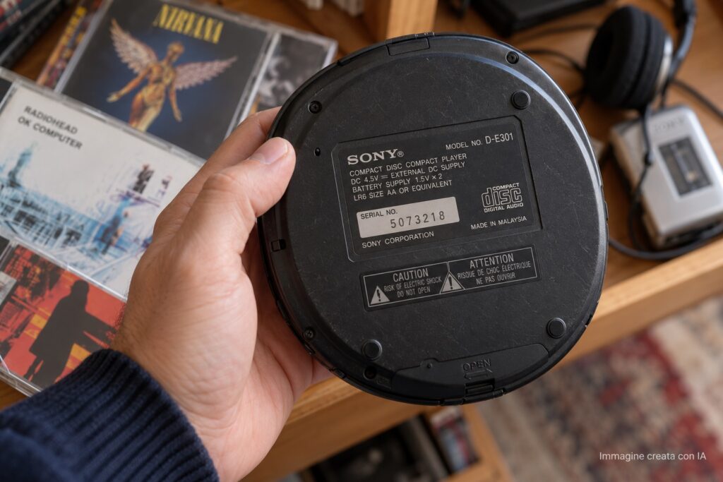 Vecchio lettore CD Sony Discman tenuto in mano mentre viene controllata la sigla del modello sul retro